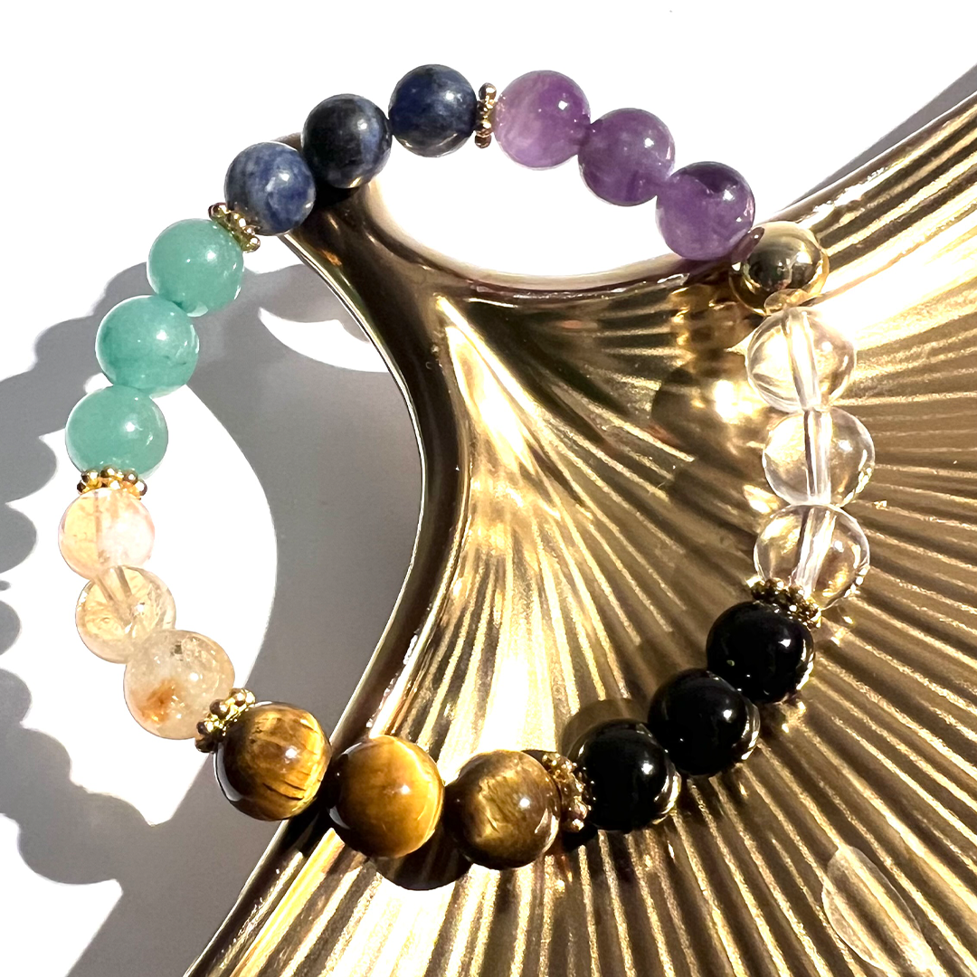 SUN COLLECTION - 7 Chackra Gemstone & Gold Bead Stretch Bracelet