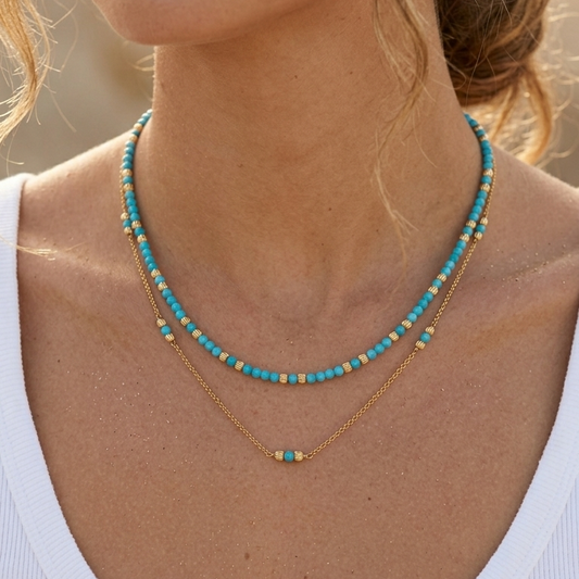 Natural Faceted Turquoise & gold Beads Double chain Necklace- BLOOM COLLECTION
