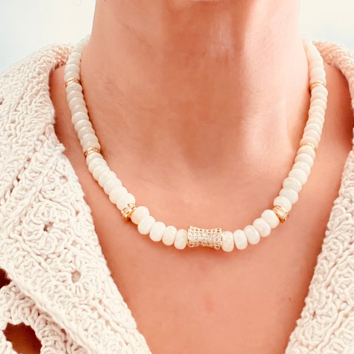 Faceted  Ivory Jade Bead  Necklace- CORE BLOOM