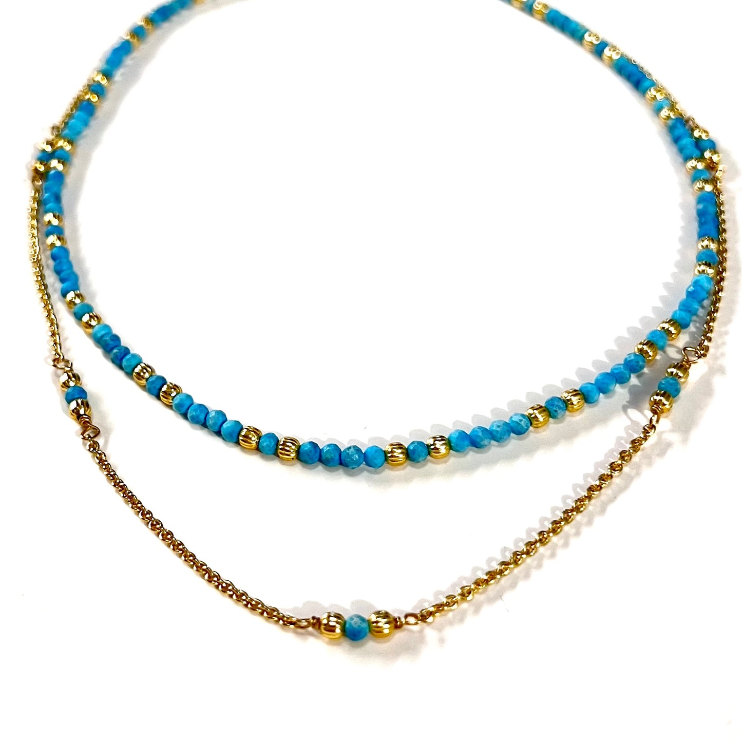 Natural Faceted Turquoise & gold Beads Double chain Necklace- BLOOM COLLECTION