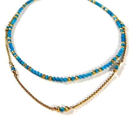 Natural Faceted Turquoise & gold Beads Double chain Necklace- BLOOM COLLECTION