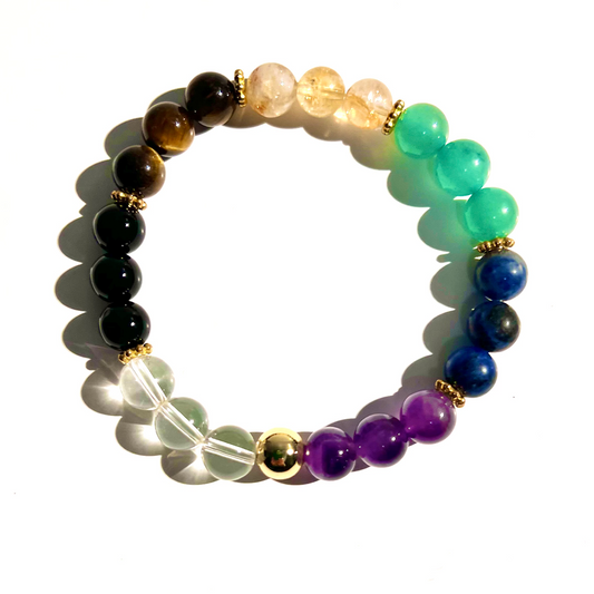SUN COLLECTION - 7 Chackra Gemstone & Gold Bead Stretch Bracelet