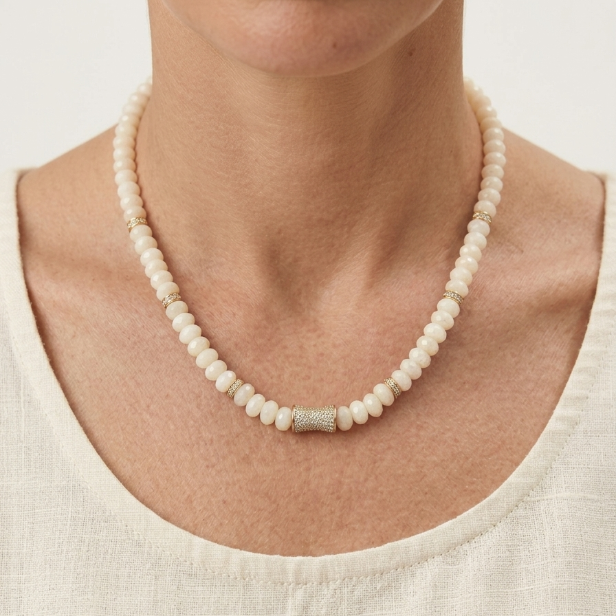 Faceted  Ivory Jade Bead  Necklace- CORE BLOOM