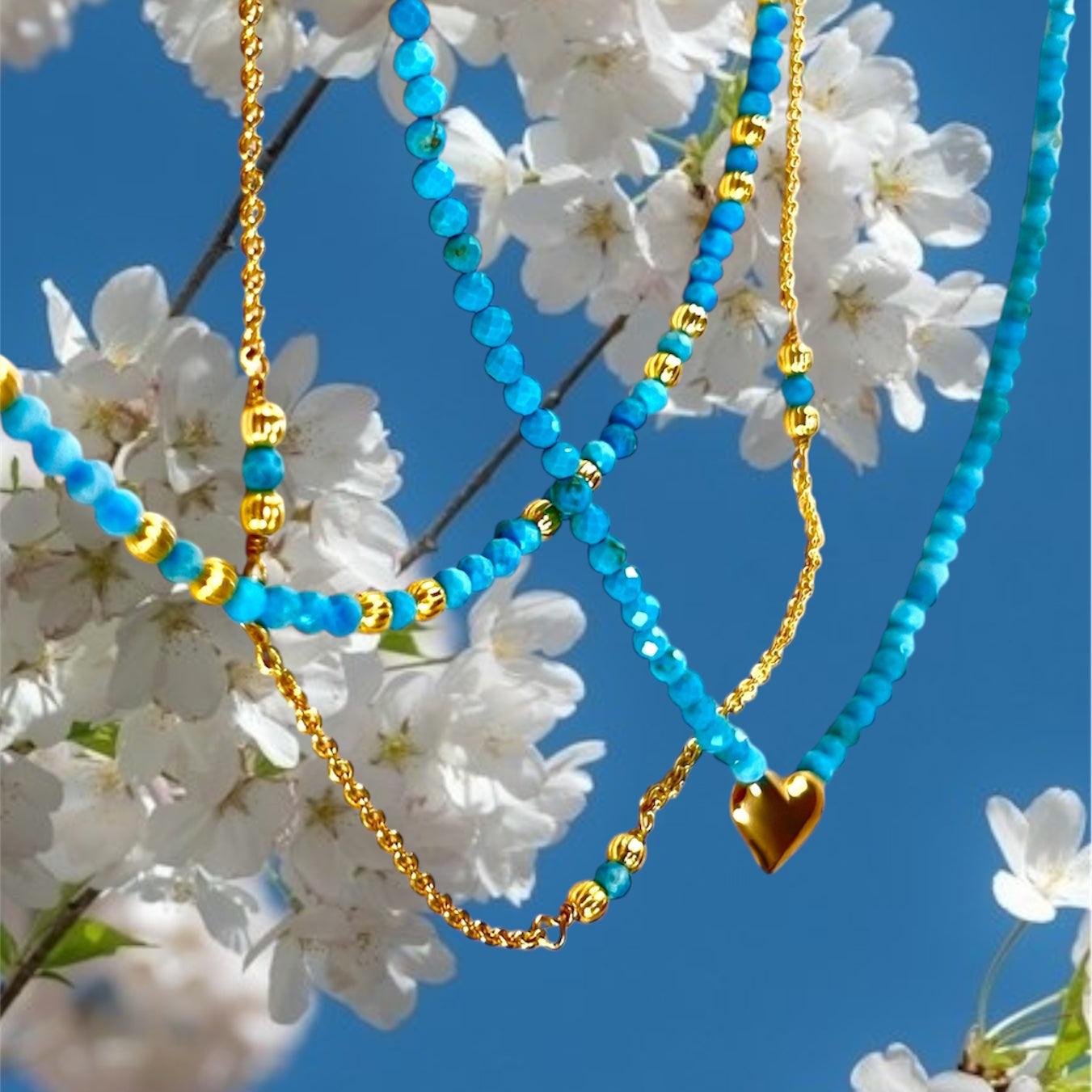 Natural Faceted Turquoise & gold Beads Double chain Necklace- BLOOM COLLECTION