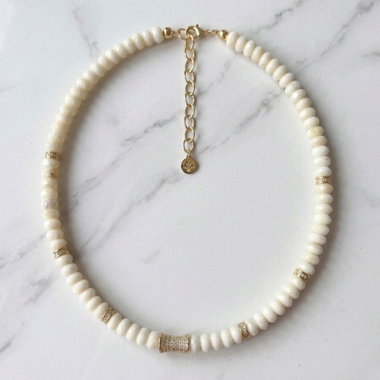 Faceted  Ivory Jade Bead  Necklace- CORE BLOOM