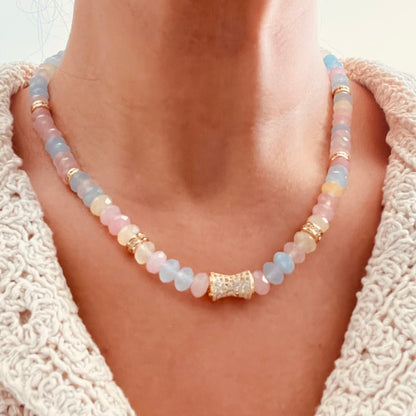 Delicate Morganite beaded necklace with pastel blue, pink, and yellow beads, accented by small gold spacer beads and a central gold cylindrical charm.